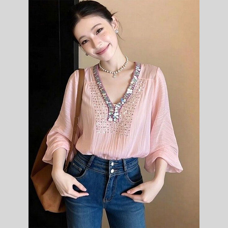 2026新款时尚气质设计感亮片V领粉色防晒衫女夏大码显瘦防晒上衣