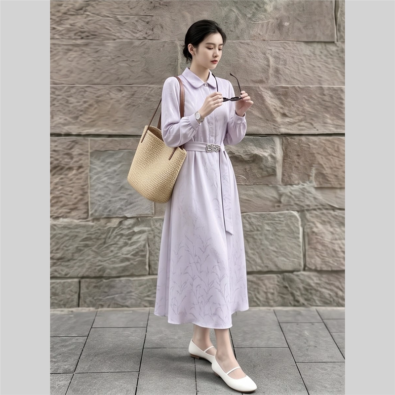 2026 Autumn Simple Ladylike Style Lantern Sleeve Dress for Women, Purple Waist-Cinching Slimming Elegant Long Dress with a Gentle Style