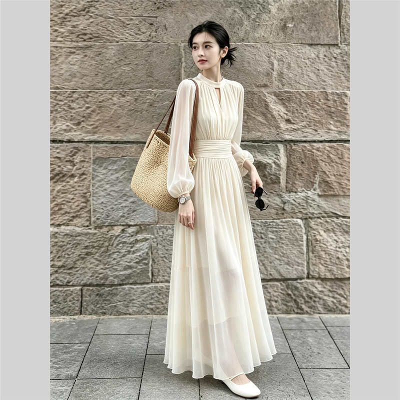 2026 French Gentle Style Stand-Up Collar Lantern Sleeve Dress for Women, Waist-Cinching, Slimming, Elegant Long Dress, White