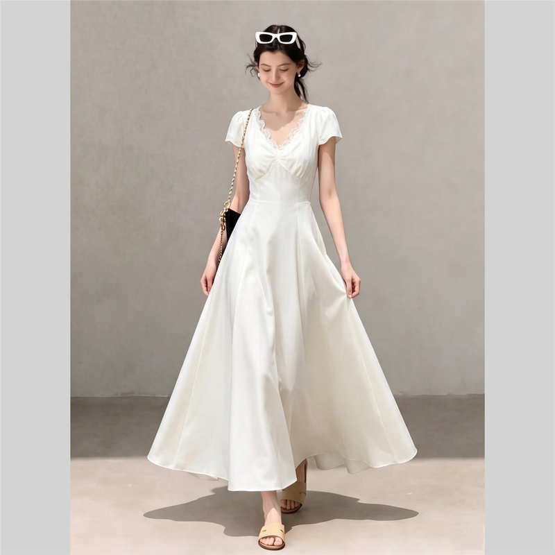 French-Style High-End Elegant White Dress for Women, Summer V-Neck Short-Sleeve Waist-Cinching Slimming Long Dress, White Moonlight
