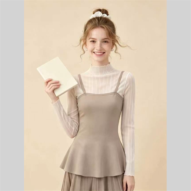 2026 French Sweet Style Mesh Lantern Sleeve Top for Women with a Layered Design and Knitted Camisole for a Stylish Inner Layer