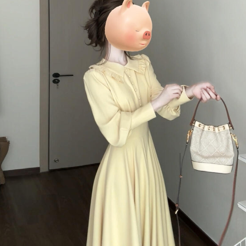 French-Style Yellow Lapel Waist-Cinching A-Line Dress for Women, Korean-Style Elegant Long Dress, Gentle and Super Pretty Dress