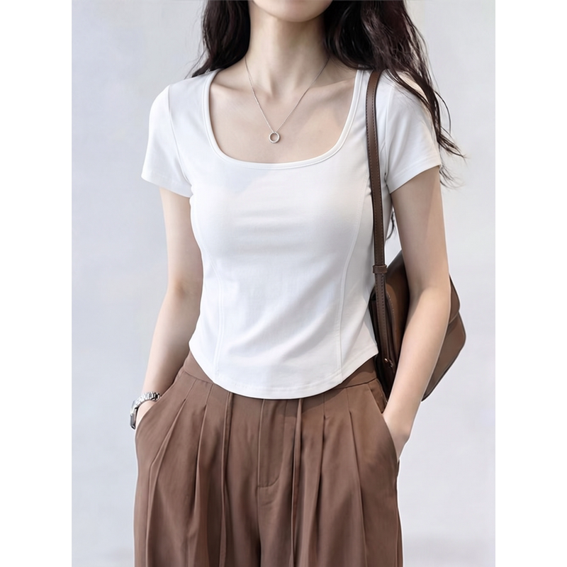 Square Neck Short-Sleeved T-Shirt for Women 2026 New Style This Year's Popular Hot-Selling Summer Fishbone Pattern Slim Fit Short Inner Top Square Neck Short-Sleeved T-Shirt for Women 2026 New Style This Year's Popular Hot-Selling Summer Fishbone Pattern Slim Fit Short Inner Top