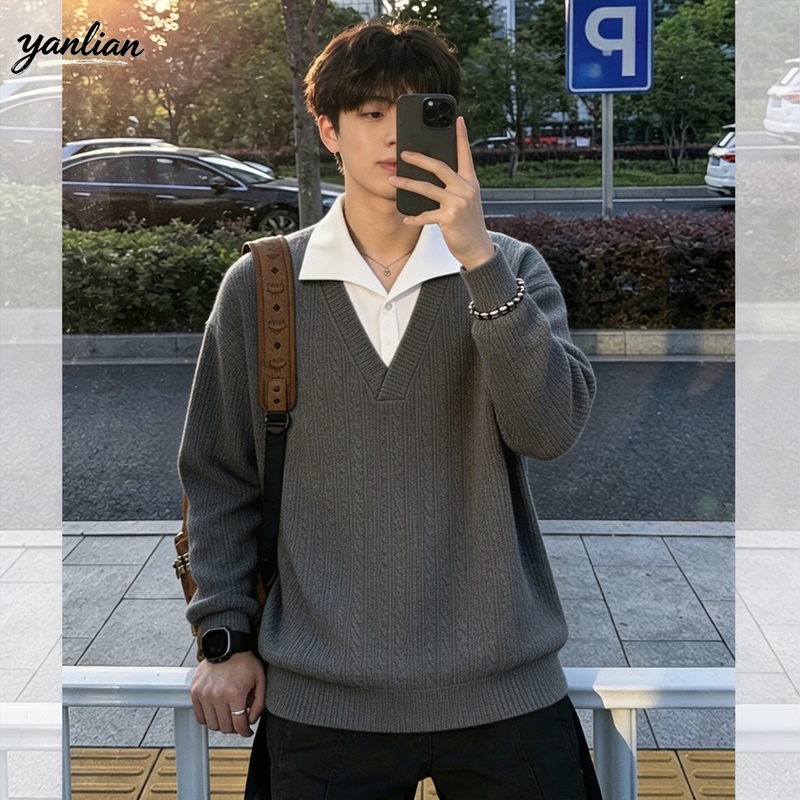 American-Style Faux Two-Piece Wheat-Pattern Long-Sleeve T-Shirt, Loose and Versatile Polo Collar Top, Trendy Design Autumn Sweatshirt American-Style Faux Two-Piece Wheat-Pattern Long-Sleeve T-Shirt, Loose and Versatile Polo Collar Top, Trendy Design Autumn Sweatshirt