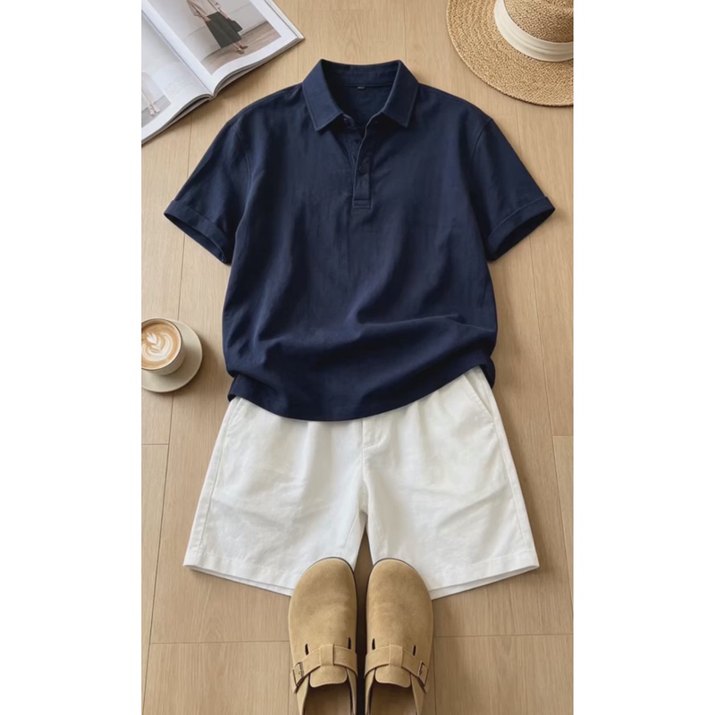 Navy Blue Old Money Style Imitation Tencel Linen Short-Sleeve Set for Men, Summer Lightweight Breathable Relaxed Fit Polo Shirt T-Shirt
