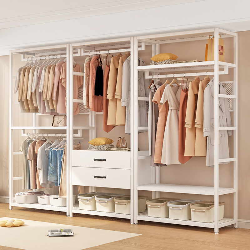 Perforated Metal Wardrobe for Bedroom, Home Use, DIY Corner Floor-Standing Clothes Rack, Open-Style Wardrobe