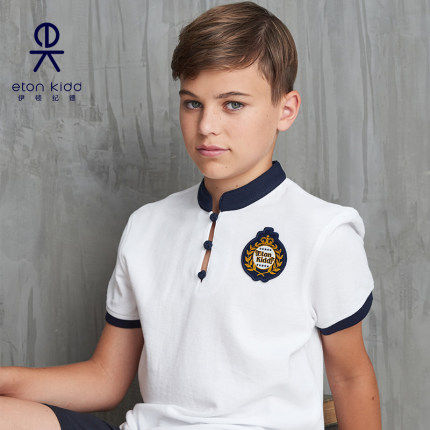 Eaton Guild white collides with green beaded mesh light Chinese upright collar short sleeve T-shirt 15t001