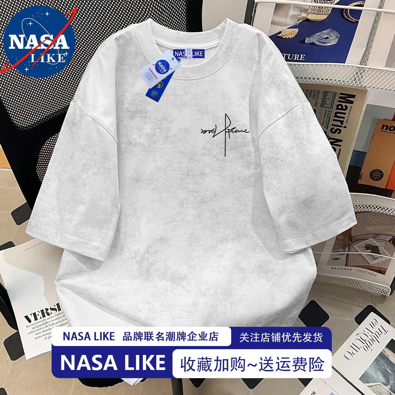 NASA共同夏の新しいバティックヘビーコットン半袖Tシャツメンズゆったりトレンドカップル5点袖トップ
