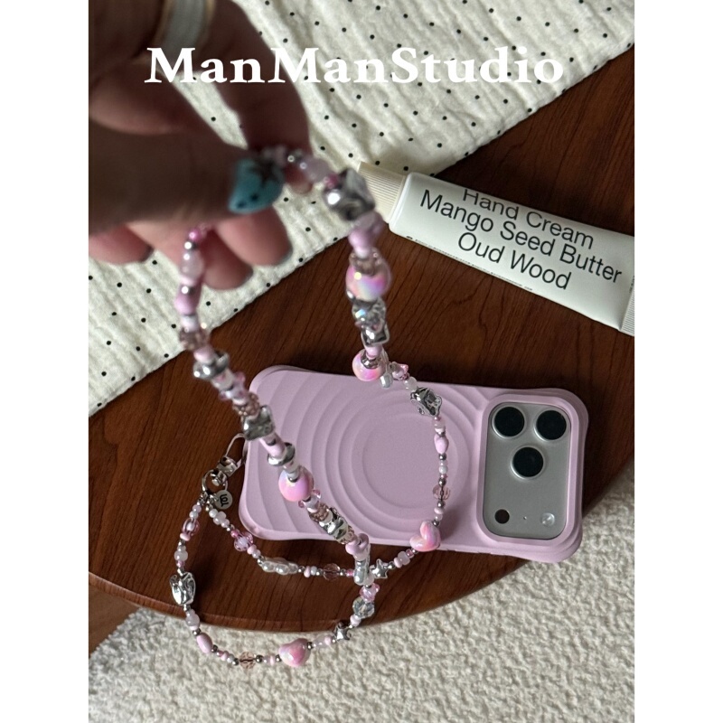Manmanstudio Colorful Purple Pink Heart Star Mixed Beads Long Lanyard Suitable for Apple 17 Promax Phone Case iPhone 16 Four-Corner Airbag Wave Pattern Engraved 15 Anti-Drop Protective Cover