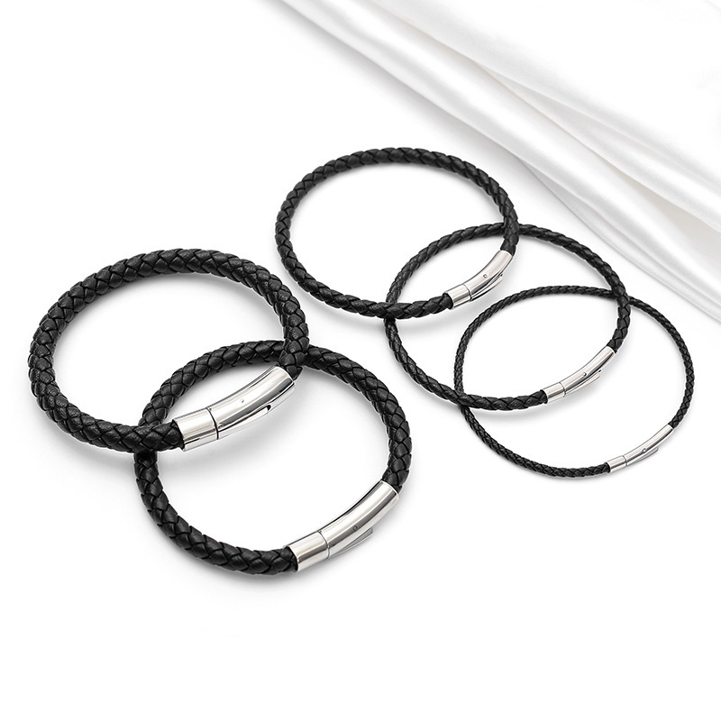 One-Word Steel-Colored Snap Buckle European and American Style New Bracelet Leather Wristband Men's Personalized Versatile High-End Black Bracelet Jewelry One-Word Steel-Colored Snap Buckle European and American Style New Bracelet Leather Wristband Men's Personalized Versatile High-End Black Bracelet Jewelry