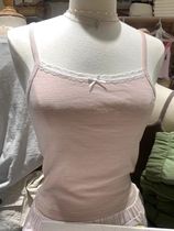 Sweet Pink Striped Lace Crop Top Cute Bow Soft Cotton Sleeve