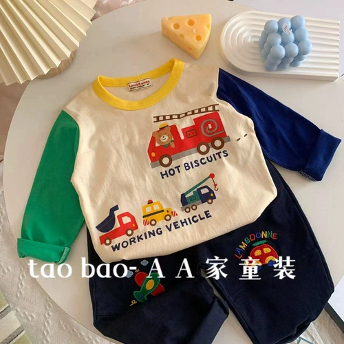 Осенний детский мультяшный приятный телу лонгслив для мальчиков, в западном стиле, круглый воротник