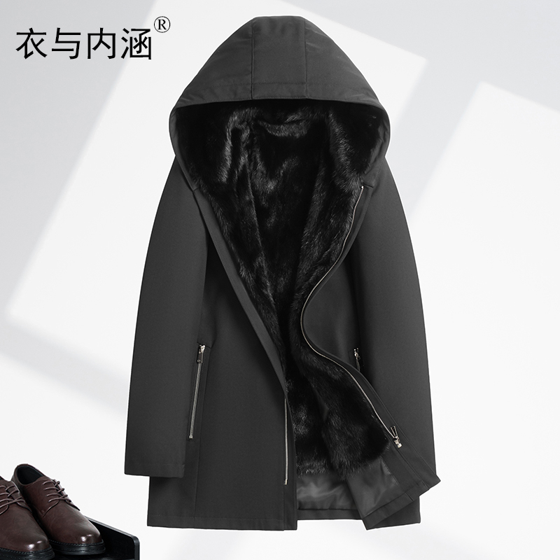 New Style Parka for Men, Black, with Removable Mink Fur Lining, Mid-Length Hooded Parka, Men's Mink Fur Coat New Style Parka for Men, Black, with Removable Mink Fur Lining, Mid-Length Hooded Parka, Men's Mink Fur Coat