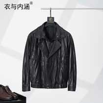 Haining leather jacket mens genuine leather waxed cowhide double stand collar motorcycle short removable down liner thickened jacket autumn