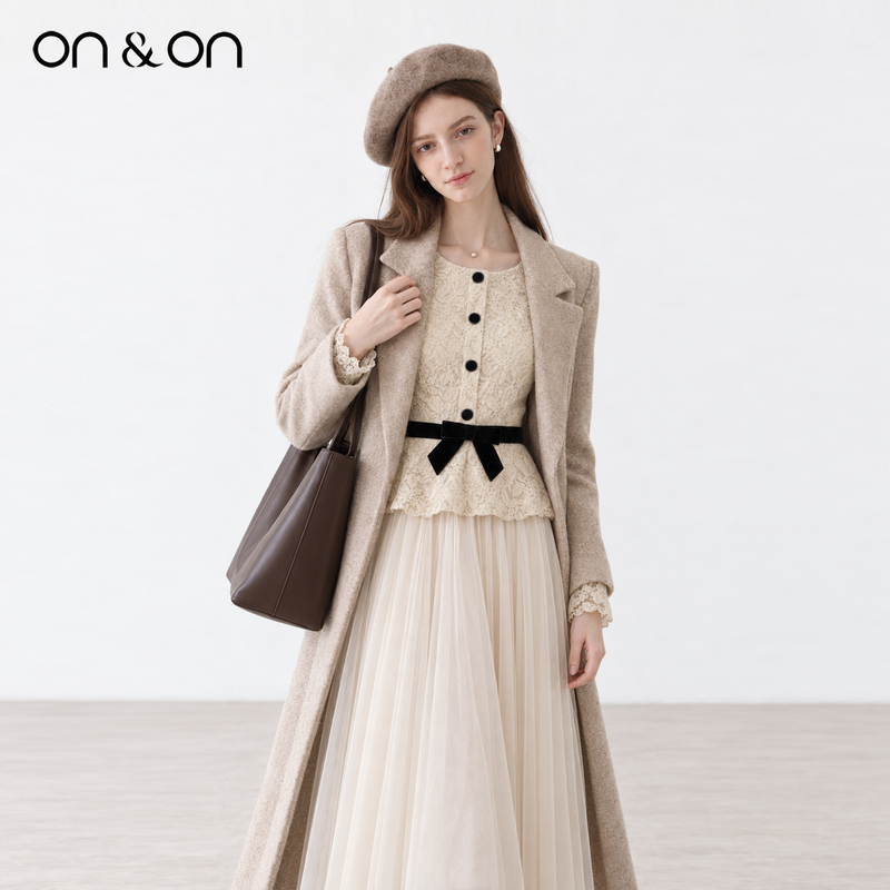 ON&ON 2026 Autumn/Winter New French Romantic Style Mesh Patchwork Flocked Lace Dress