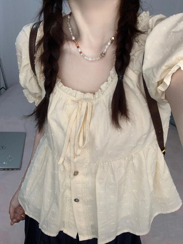 Plus Size 150kg French Sweet Lace-Trimmed Babydoll Short-Sleeve Shirt for Women, Summer Puff-Sleeve Top