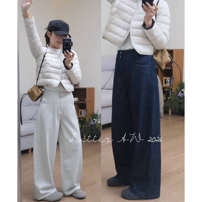 Alatte: Double-Buttoned Denim/Brushed Denim! Pants Length 98! No-Waistband Cut Wide-Leg Straight Jeans Alatte: Double-Buttoned Denim/Brushed Denim! Pants Length 98! No-Waistband Cut Wide-Leg Straight Jeans