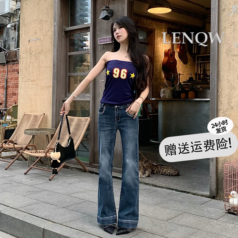 Lenqw Yi Mengling's Style~ Dark Blue Petite Low-Waisted Flared Jeans for Women, Summer Slimming Straight-Leg Pants Lenqw Yi Mengling's Style~ Dark Blue Petite Low-Waisted Flared Jeans for Women, Summer Slimming Straight-Leg Pants