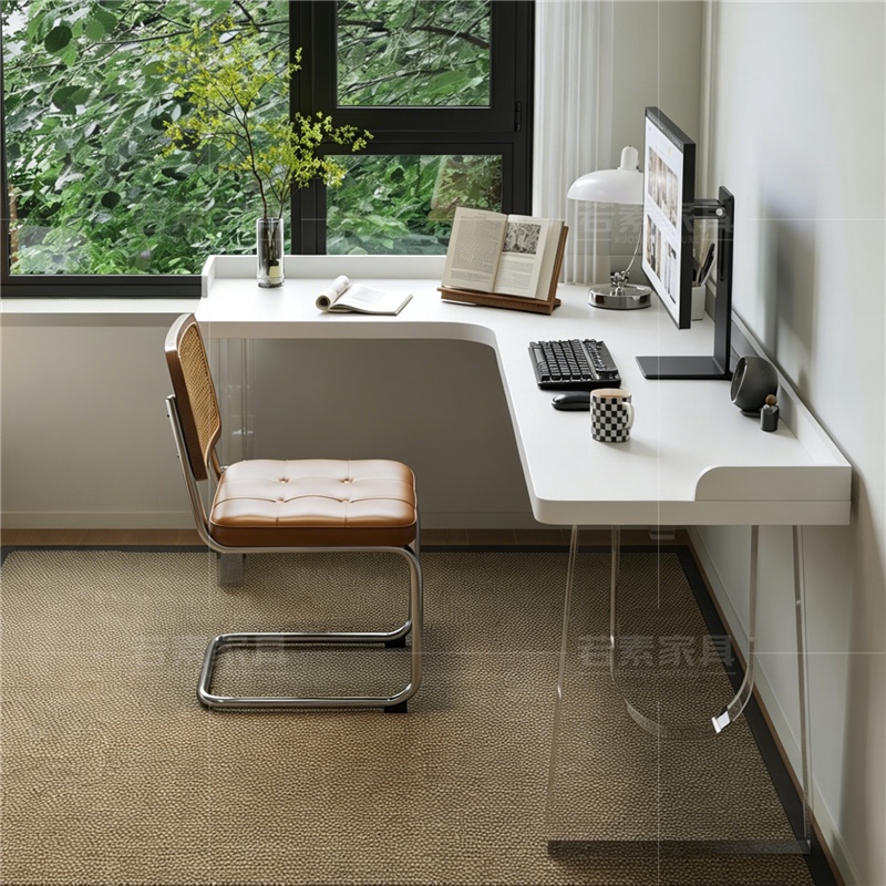 Acrylic Solid Wood Corner Desk White L-Shaped Corner Computer Desk Bedroom Home Office Workstation with Edge Protection