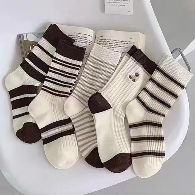 Socks Children Han Edition Minimalist Striped Mid-Barrel Cute Day Ensemble Spring Autumn Style Socks Lady Socks Female Midcylinder Student-Taobao