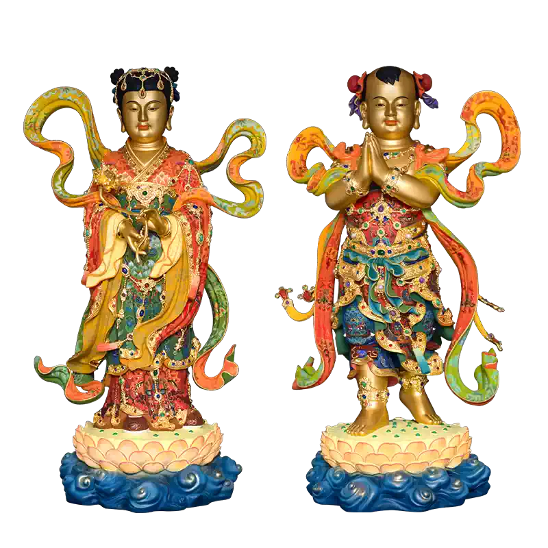 善源善财童子龙女佛像铜像彩绘泥金观音菩萨左右随从
