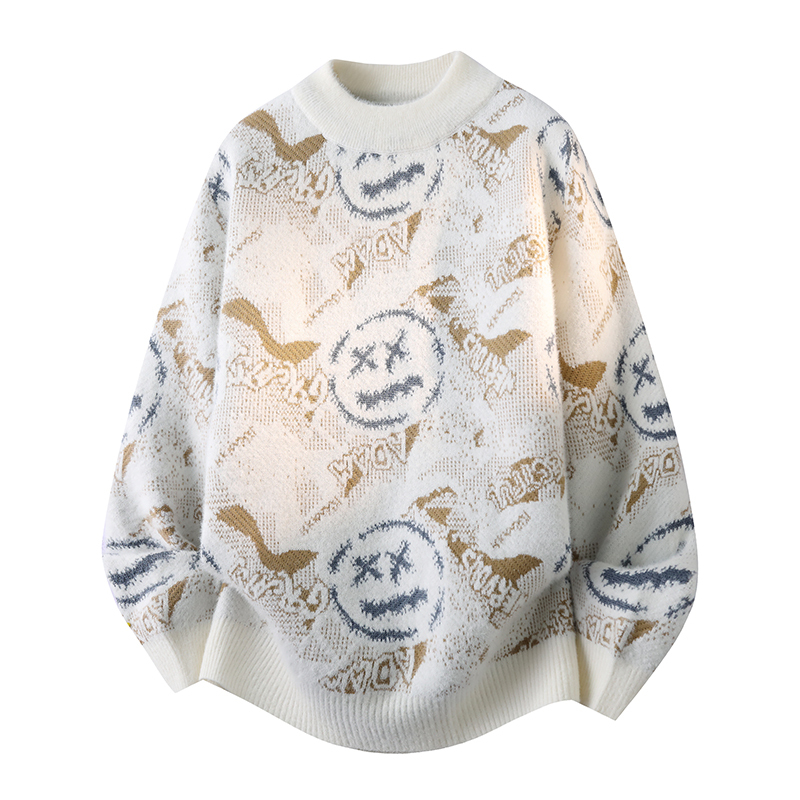 Cartoon Print Sweater for Men and Teenagers, Autumn and Winter Loose Round Neck Faux Mink Thickened Warm Knit Base Shirt Trendy