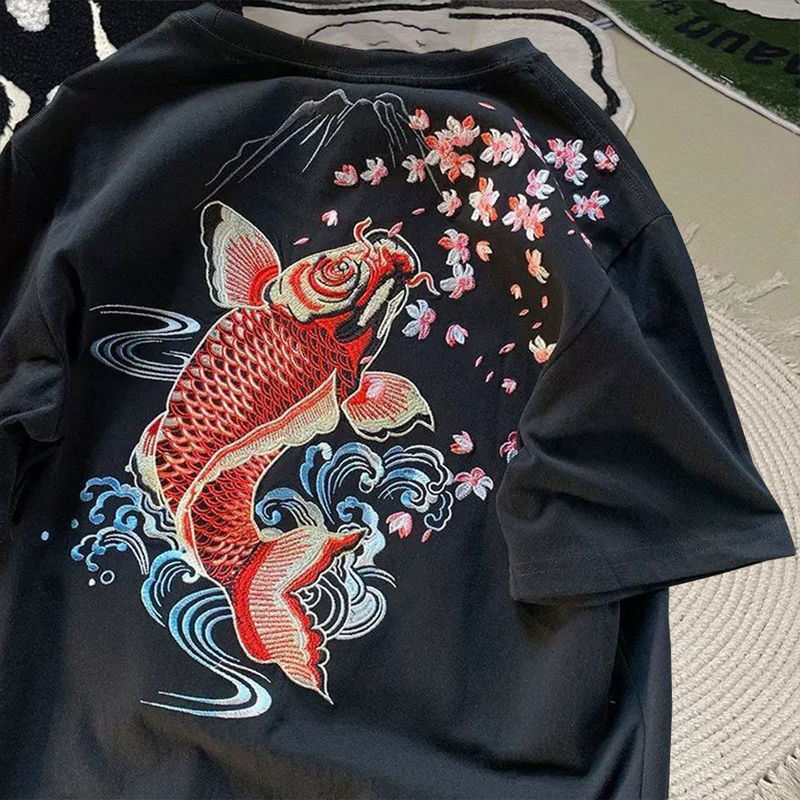 Plus Size Chinese Style Pure Cotton 150kg Summer T-Shirt for Men, Loose Fit Youth Embroidered Carp Short-Sleeve T-Shirt