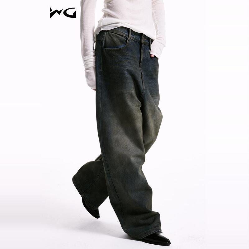 Wildground Retro Washed Low-Waist Jeans for Women, Distressed American Style Loose Wide-Leg Pants