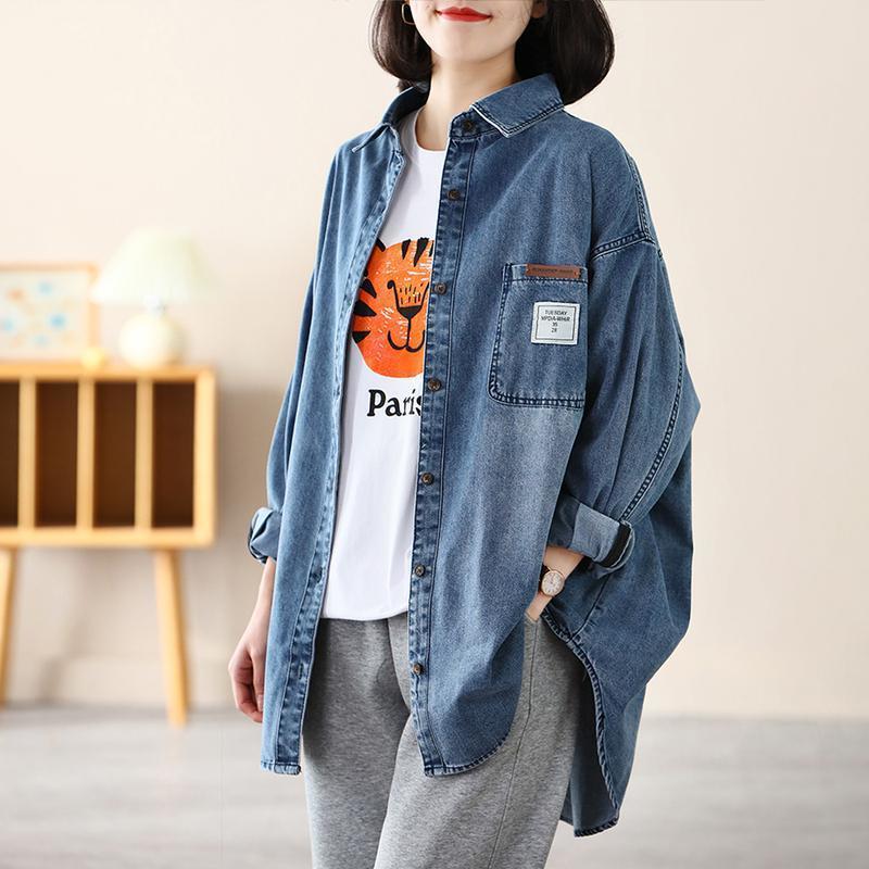 Auntie-Style Denim Shirt for Women, Suitable for Spring and Autumn, New Versatile Large Size Loose Mid-Length Denim Shirt for Women