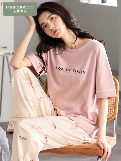 睡衣女款夏季2025新款纯棉薄款宽松家居服短袖长裤休闲可外穿套装
