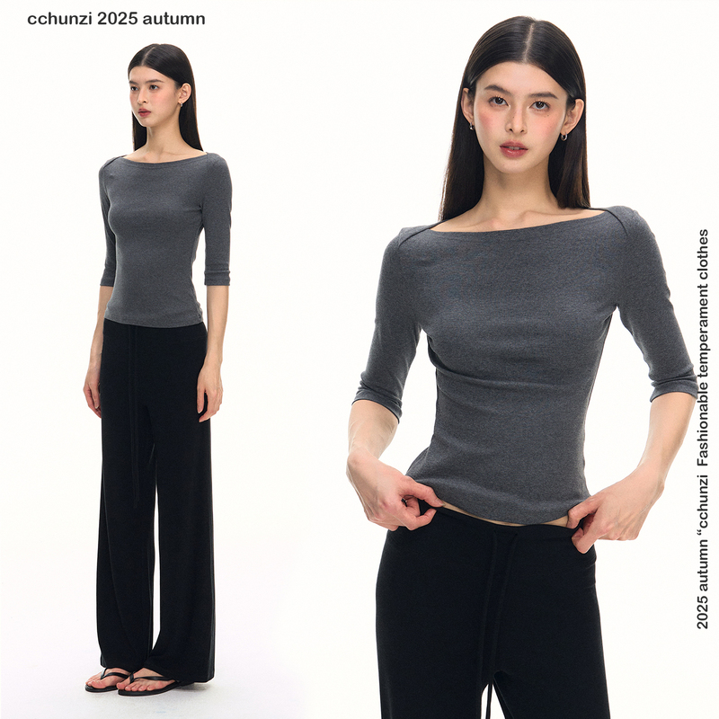 Buleng (Formerly Cchun Puree) Sailboat Collar Three-Quarter Sleeve T-Shirt for Women, Autumn Slim Fit, Flattering and Stylish