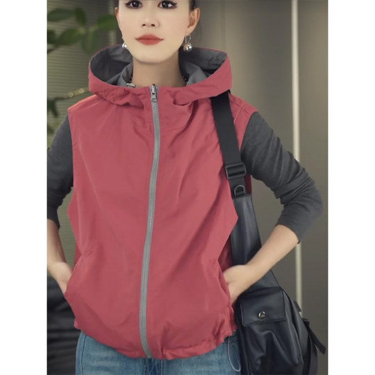 两面穿马夹女2025年新款简约百搭宽松拉链上衣显瘦无袖连帽外套潮