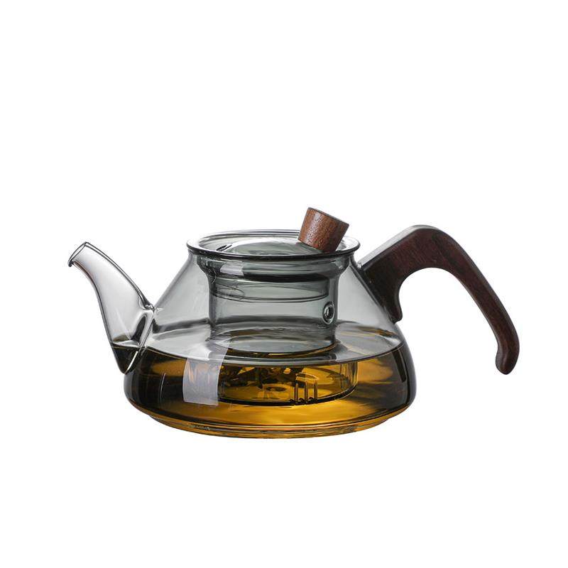 Japanese-Style High Borosilicate High-Temperature Resistant Teapot, Yunxi Teapot in Smoky Gray Transparent Color with Walnut Wood Handle