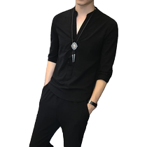 Summer fashion mens suit trendy nine-quarter pants three-quarter sleeve T-shirt V-neck style one suit handsome casual two-piece suit