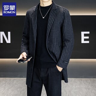 罗蒙羊毛呢中长款大衣男士秋冬季新款商务休闲条纹呢子风衣外套男