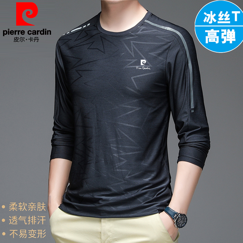 Pierre Cardin Men's Long-Sleeved T-Shirt Ice Silk Breathable Quick-Drying Summer Sun Protection Loose Base Shirt Sportswear Long T-Shirt