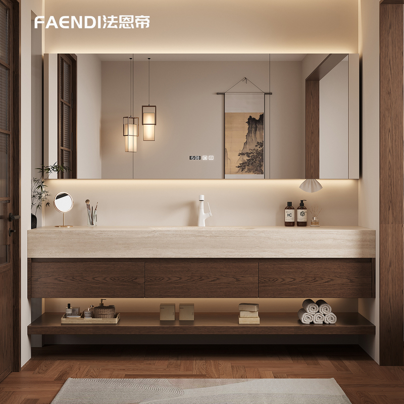 Hotel-Style Slate Stone Slab Hot-Bent Red Oak Bathroom Cabinet Combination with Washbasin for Bathroom Hotel-Style Slate Stone Slab Hot-Bent Red Oak Bathroom Cabinet Combination with Washbasin for Bathroom