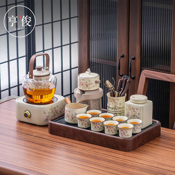 Hengjun Ru Kiln Wisteria Flower Lazy Automatic Kung Fu Tea Set Tea Maker Light Luxury High-End Household Teapot and Teacups