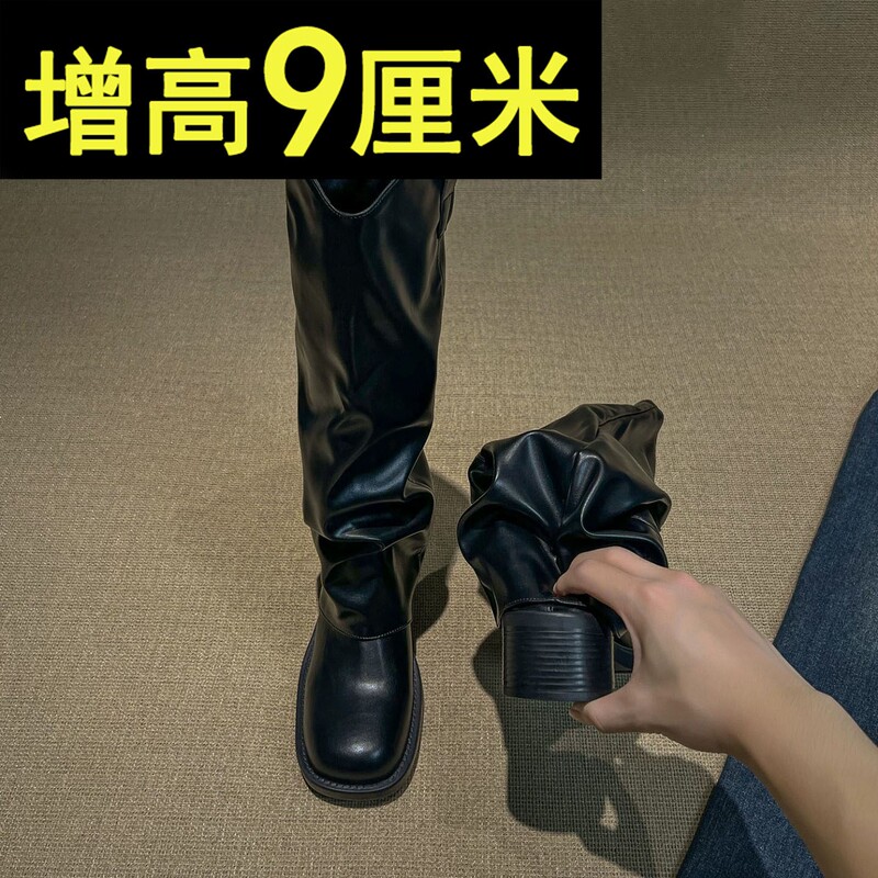 Inner Height Increase of 9cm, Genuine Leather Round-Toe Riding Boots for Women, 2026 Early Autumn Retro Black Chunky Heel Long Boots Trendy Inner Height Increase of 9cm, Genuine Leather Round-Toe Riding Boots for Women, 2026 Early Autumn Retro Black Chunky Heel Long Boots Trendy