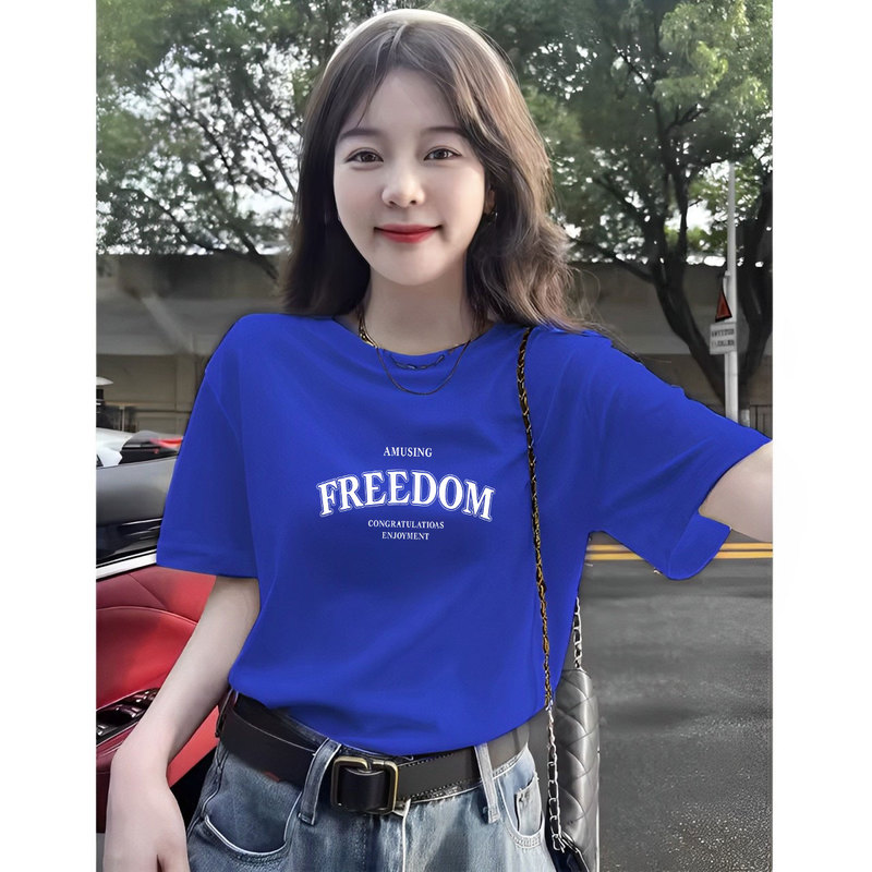2024 Summer Thin Pure Cotton Regular Shoulder Round Neck Short Sleeve T-Shirt Women's Casual Top Klein Blue 2024 Summer Thin Pure Cotton Regular Shoulder Round Neck Short Sleeve T-Shirt Women's Casual Top Klein Blue