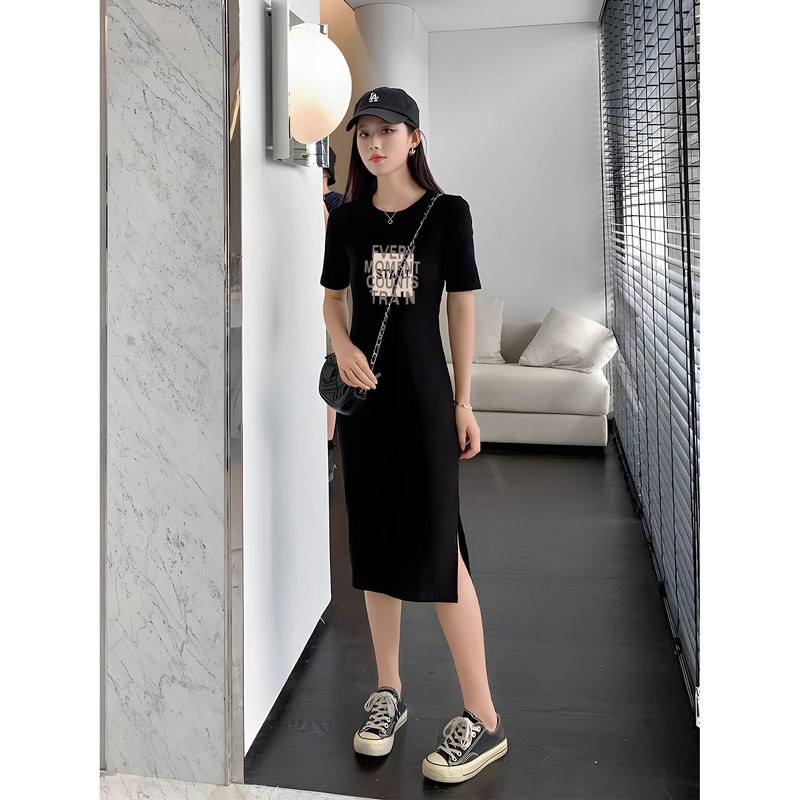 Summer Black Off-Shoulder Round Neck Long Over-The-Knee T-Shirt Dress for Women, Loose Casual Double Slit Long Skirt, Versatile