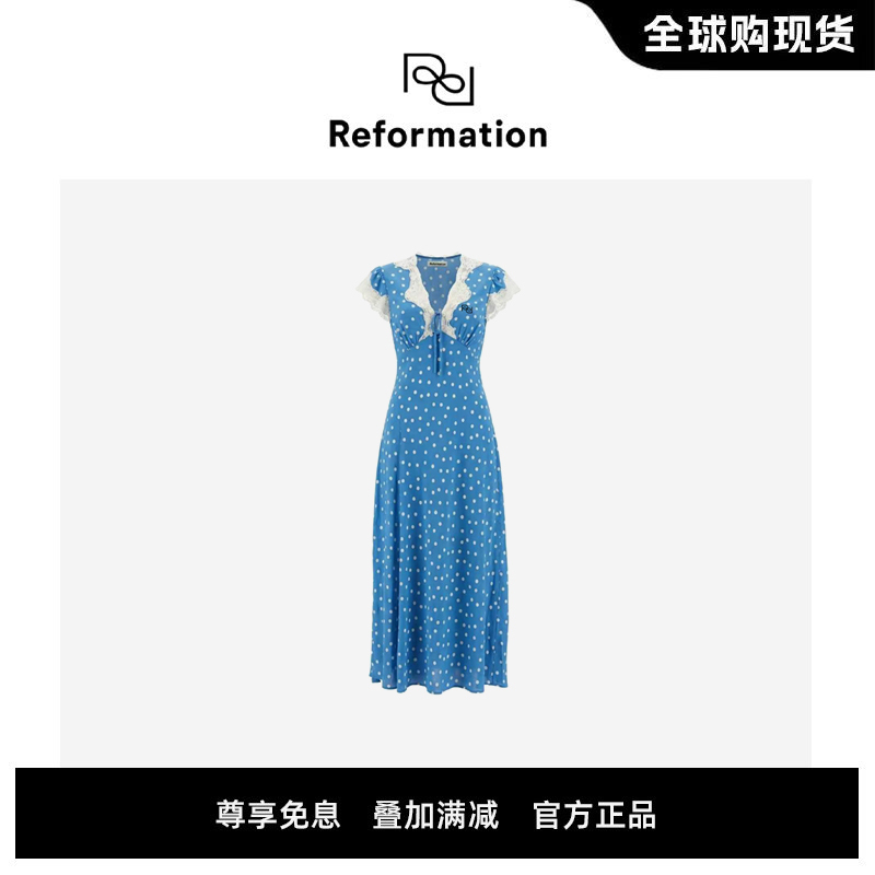 [Official Authentic Product] Reformation Zhang Ruonan's Same Style Retro Polka Dot Lace Patchwork V-Neck Dress for Women