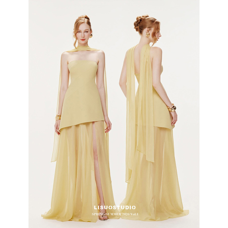 Lisuo Dress Series Moonlight Goddess French-Style High-End Flowing Long Gauze Dress in Goose Yellow for Date and Banquet
