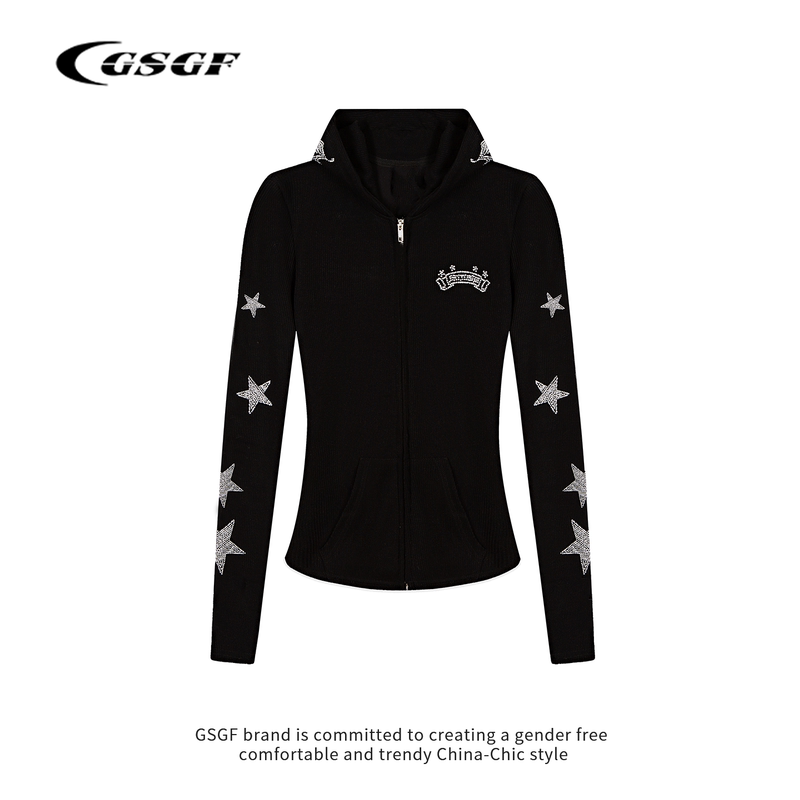 Gsgf American-Style Star-Studded Hooded Jacket for Women, Slim-Fit Long-Sleeve Zipper Cardigan, Early Autumn Thin Textured Top Gsgf American-Style Star-Studded Hooded Jacket for Women, Slim-Fit Long-Sleeve Zipper Cardigan, Early Autumn Thin Textured Top