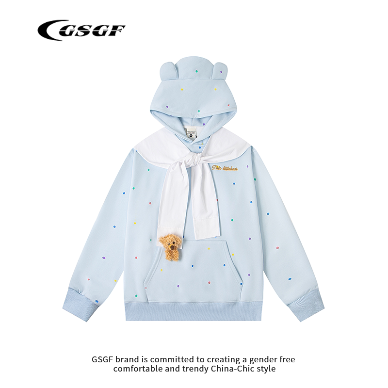 Gsgf Original Design Cute Hooded Sweatshirt for Women and Men with Polka Dots and Detachable Bear Bf Design Couple Tops