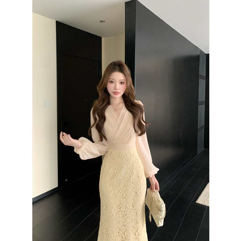 Sza【Romantic Autumn】Long-Sleeved Lace Dress, Early Autumn New Style Fishtail Slimming Fairy Dress Xy-450