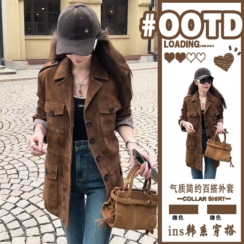 Retro Large Size Brown Suede Jacket for Women 2025 New Style Lapel Windbreaker Mid-Length Slim Workwear Leather Jacket Retro Large Size Brown Suede Jacket for Women 2025 New Style Lapel Windbreaker Mid-Length Slim Workwear Leather Jacket