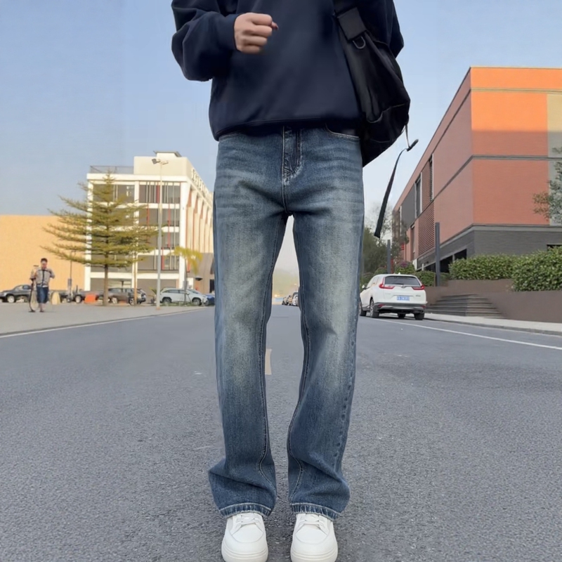 Mrfan American Retro Simple Blue Jeans Men's Trendy Loose Straight Elastic Slim Casual Pants