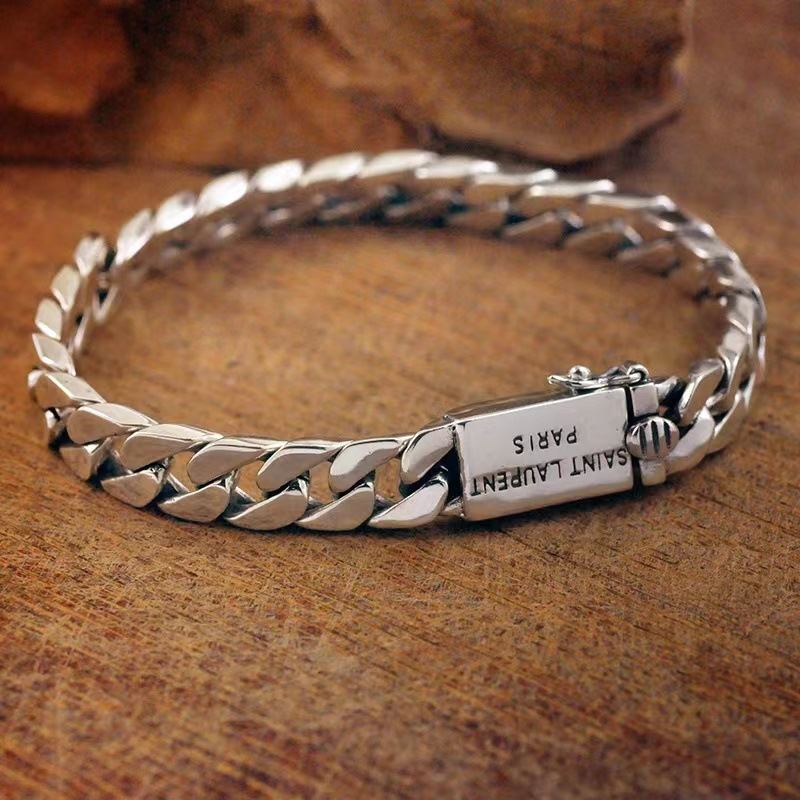 Vintage Thai Silver Punk Cuban Chain Braided Plain Horsewhip Chain Men's Necklace Bracelet Light Luxury Niche Personalized Design
