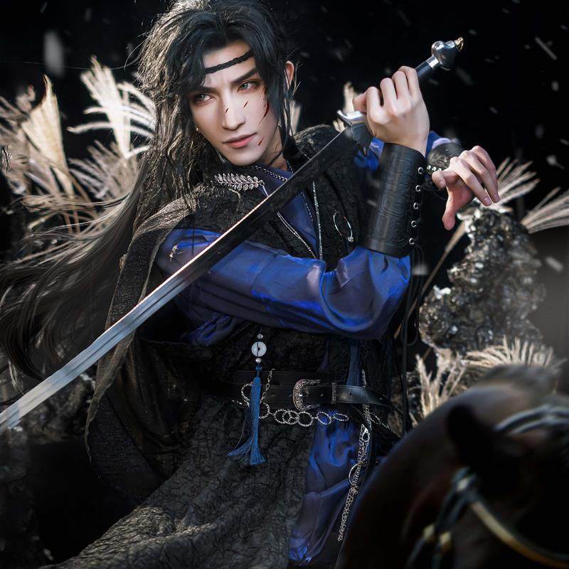 蓝黑劲装万用古装cos毛领披,穿出江湖风范_Cosplay男装_淘宝游戏网
